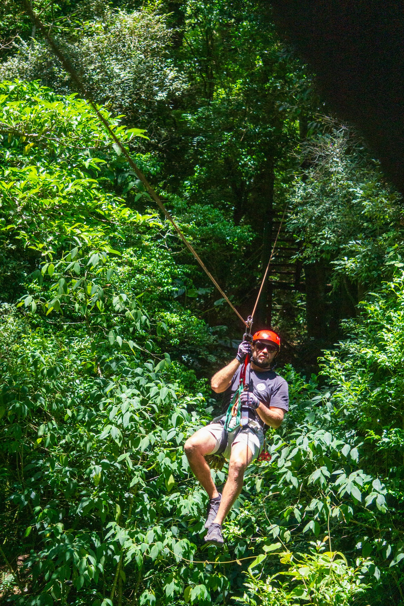 An outdoor explorer on a zipline through green forest