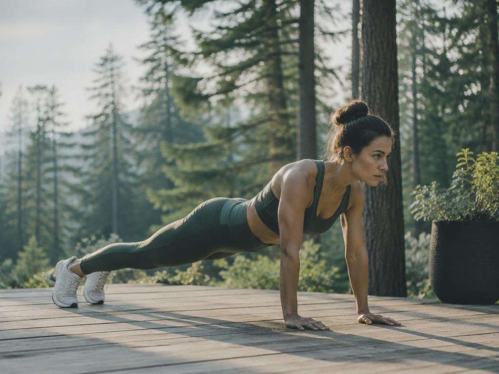 An athlete training on a wooden deck beside a forest