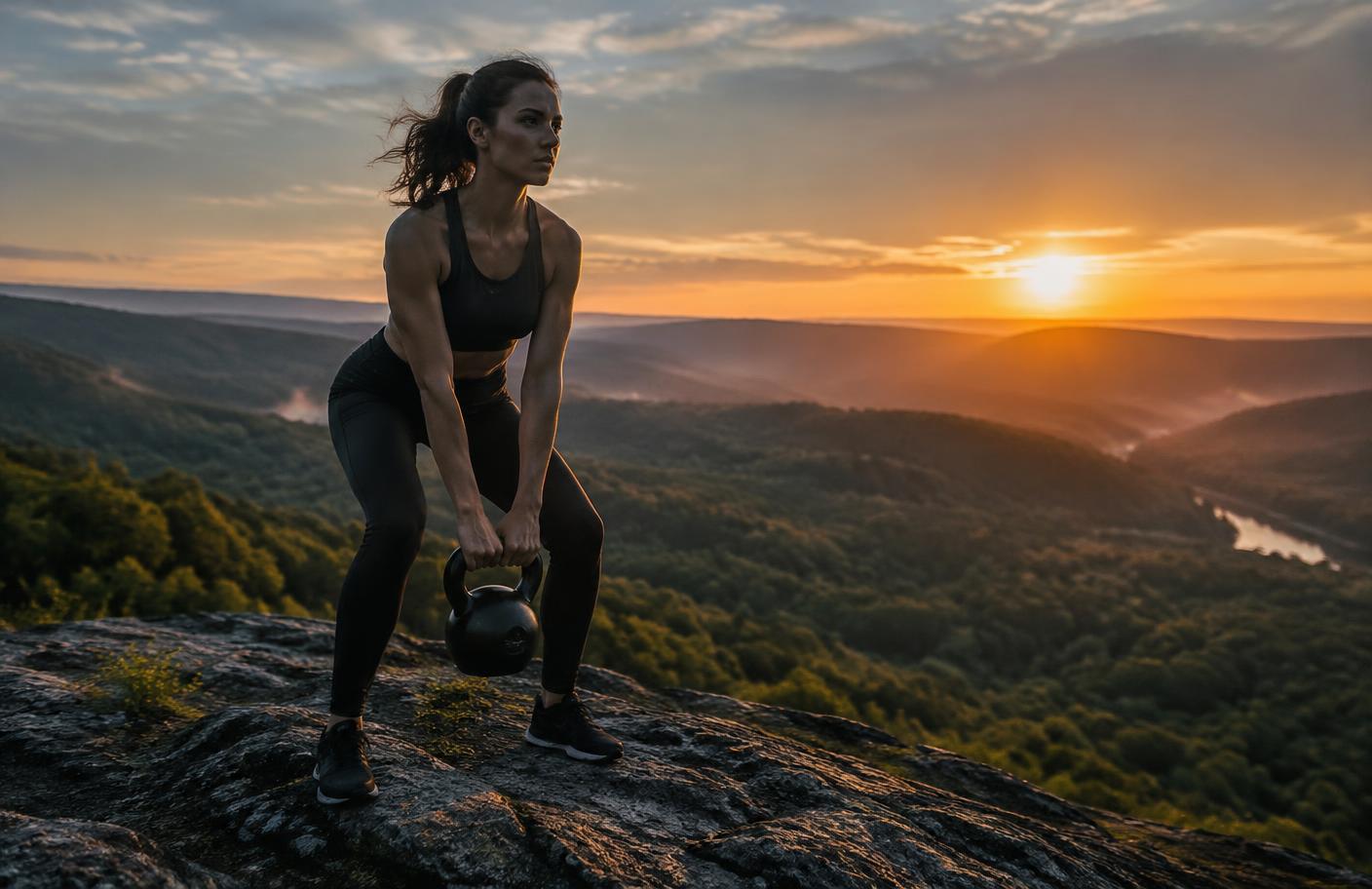 An athlete lifting a kettlebell on a rocky overlook at sunrise